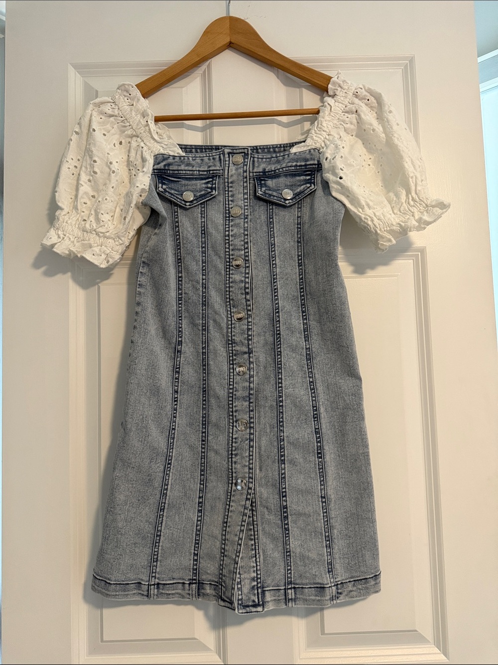 Off-Shoulder Denim Dress with White Eyelet Puff Sleeves